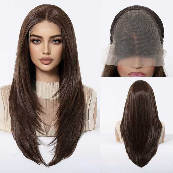 Lace Wigs Center Parted Fashion Black Brown Long Straight Hair Beanie Transparent